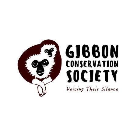 “Logo of the Gibbon Conservation Society featuring an illustration of two gibbons in a warm brown tone, accompanied by the text ‘Gibbon Conservation Society’ and the tagline ‘Voicing Their Silence’ below.”