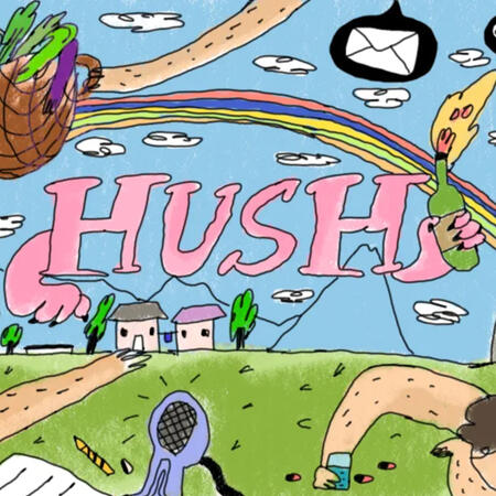 Colorful illustration of collage kits, community homes, and more. At the center is the logo of HUSH Collective.